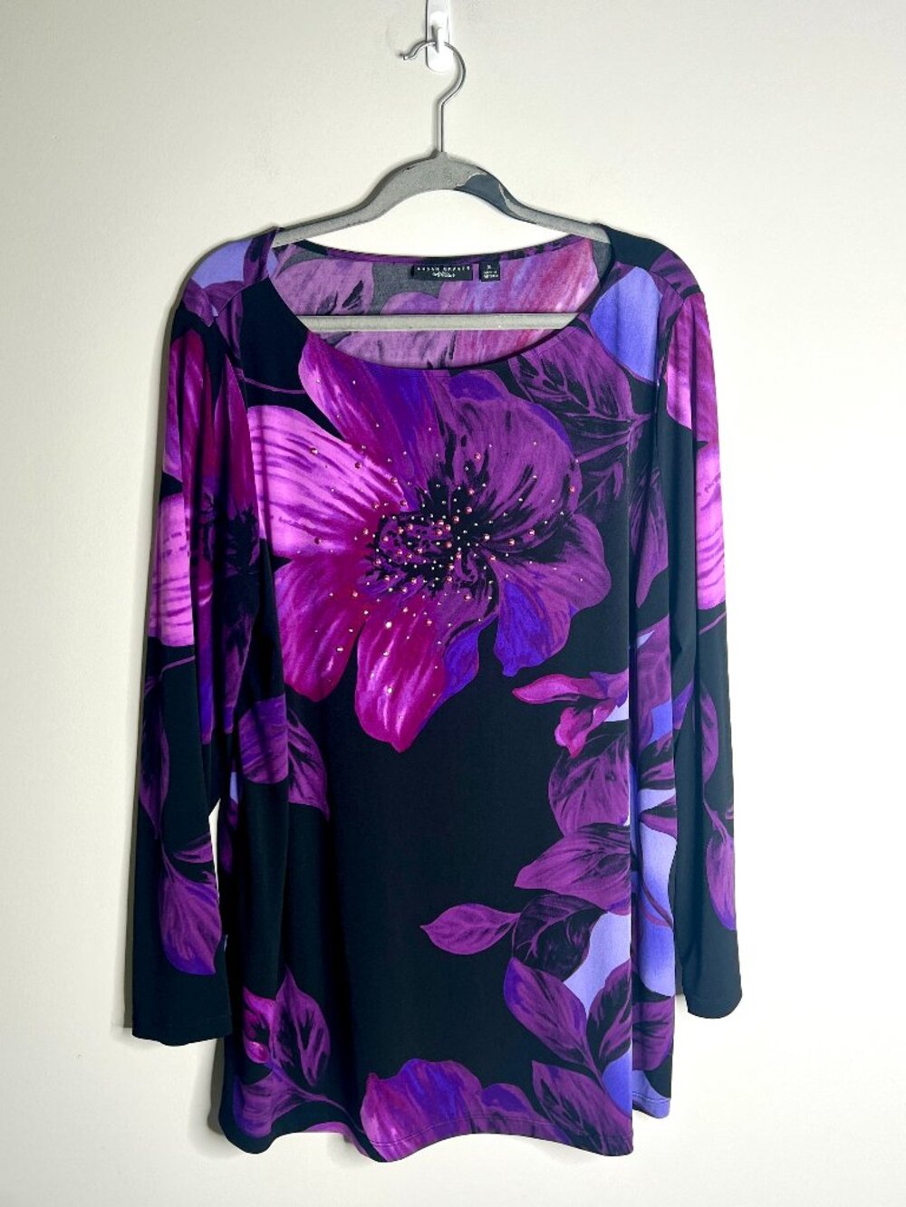 Susan Graver Artisan Dark Moody Floral Liquid Knit Top Witchy Long Sleeve Sz XL
